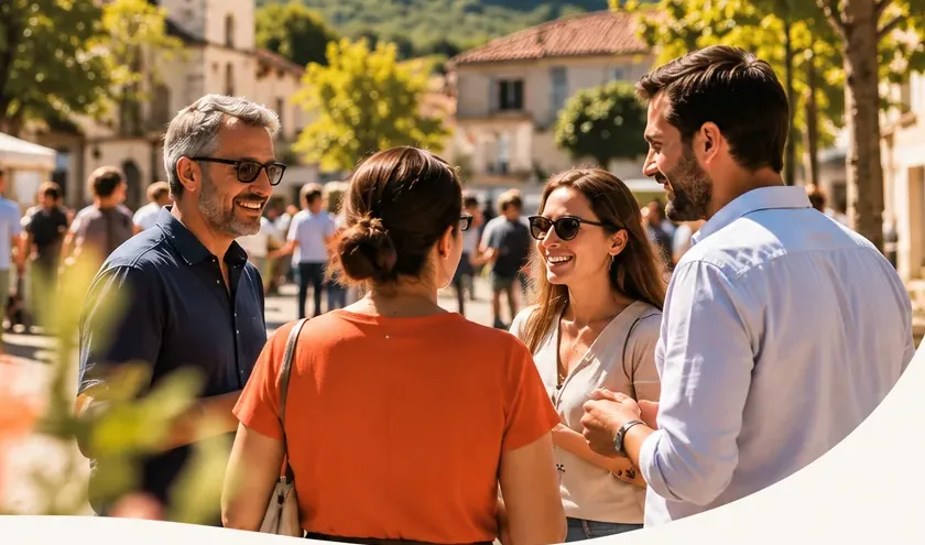 Des habitants discutent en souriant sur une place de village.
