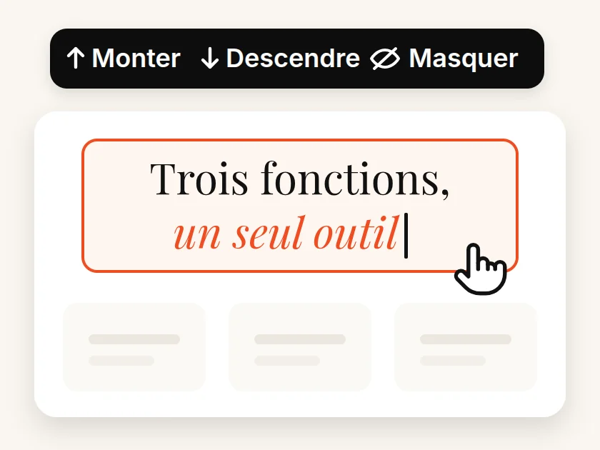Schéma : sur la page, le titre « Trois fonctions, un seul outil » est en cours de modification, entouré d'un filet orange ; au-dessus, une barre d'outils propose Monter, Descendre et Masquer.