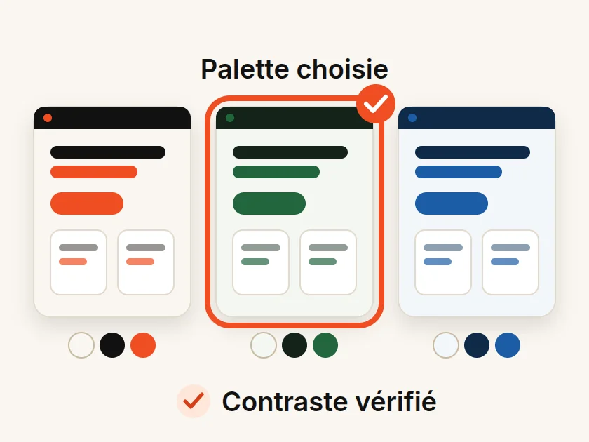 Schéma : la même page dans trois palettes, crème et orange, vert forêt et bleu marine ; la palette vert forêt est choisie et le contraste est vérifié.