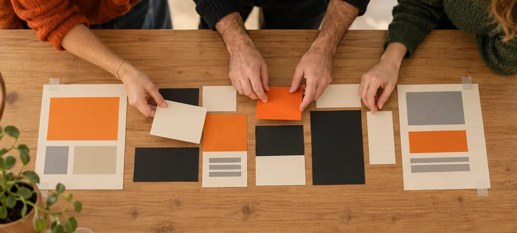 Trois personnes déplacent des cartes en papier sur une table pour composer l'ordre d'une page.