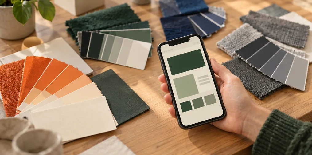 Des échantillons de peinture et de tissu en éventail, et un smartphone qui affiche une page aux couleurs vertes.